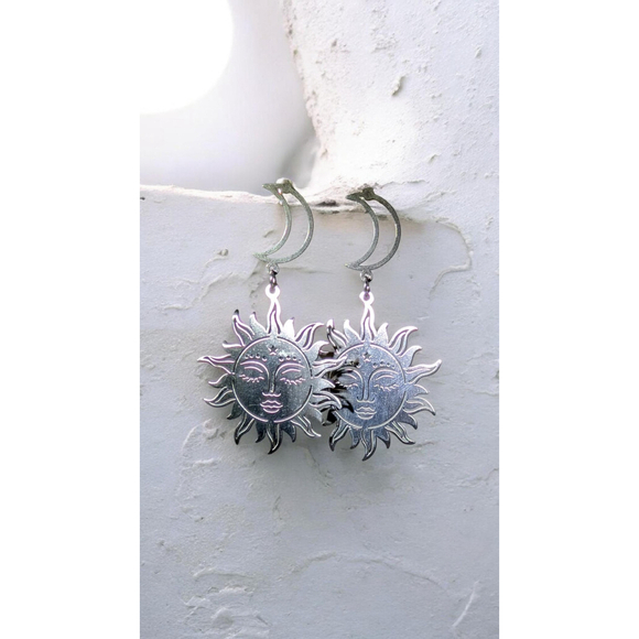 Handmade Jewelry - Celestial Sun and Moon Earrings, Stainless Steel Dangle Stud Earrings